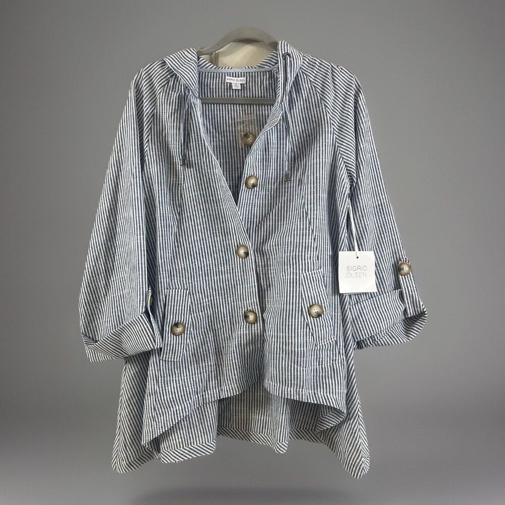 Sigrid Olsen Women's Sz S Blue White Stripe Cotton Linen Blend Lagenlook Jacket